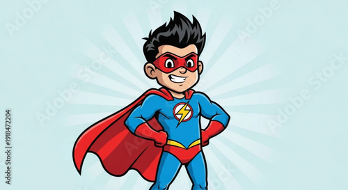 Cartoon superhero boy with red cape and mask standing confidently with hands on hips against a light blue background