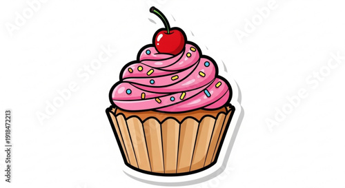 Delicious cartoon cupcake with pink frosting sprinkles and cherry on top isolated on white background with subtle shadow sweet treat illustration