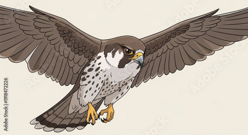 Falcon in flight vector illustration of bird with outstretched wings and sharp talons against light background