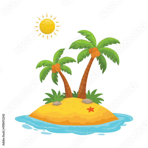 Small tropical island with two palm trees, sand, surrounded by blue water, representing a vacation paradise