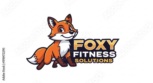 Cartoon fox mascot for fitness brand with orange and white fur standing beside bold foxy fitness solutions text on white background