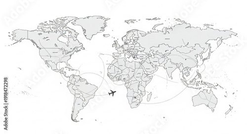 World map with airplane flying over south america and africa on a simple gray background