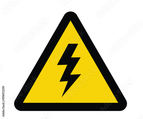 A yellow triangle safety sign features a black lightning bolt arrow symbol to provide a caution warning against dangerous high voltage electric power and the risk of an energy shock hazard