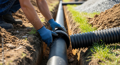 Skilled worker hands installing flexible corrugated drainage pipe within deep earth trench for professional water management system and infrastructure utility construction project