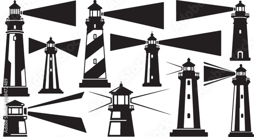 Lighthouses with beams and flags in black and white