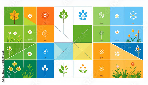 SWOT analysis as four-season quadrants with spring threats blooming weeds, harvest equinox balance in greens oranges blues whites, matrix quadrant divide for strategic planning templates, in vector st