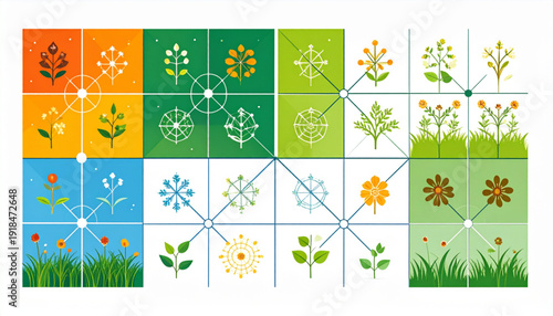 SWOT analysis as four-season quadrants with spring threats blooming weeds, harvest equinox balance in greens oranges blues whites, matrix quadrant divide for strategic planning templates, in vector st