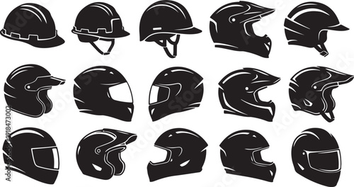 Collection of various safety helmets and head protection gear