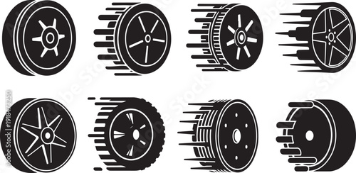Black and white tire icons with motion blur effect