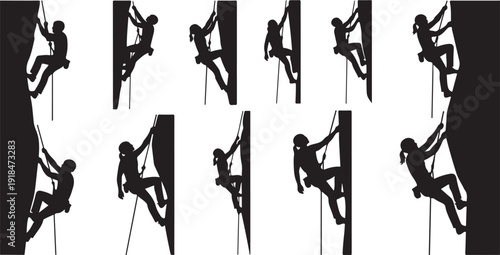 Silhouette of rock climber in various poses on wall