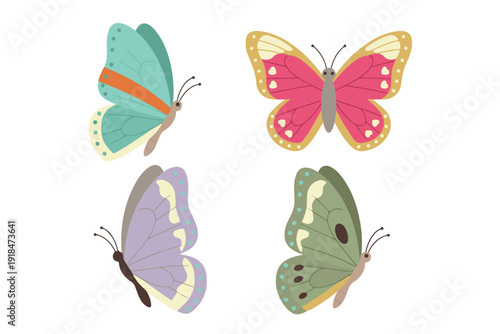 Kawaii butterfly collection with colorful wings in flat vector style for spring and garden theme décor
