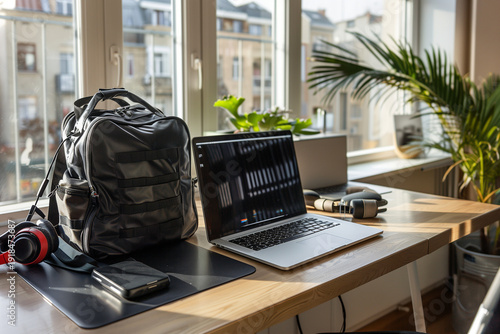 Home office desk next to packed laptop bag and headphones ready to leave, morning daylight, modern apartment interior, realistic lifestyle photography