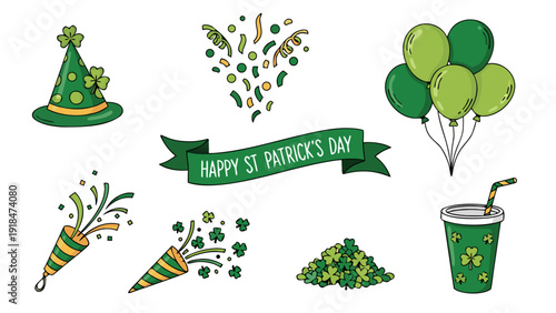 St. Patrick's Day celebration elements with shamrocks, confetti, and party poppers