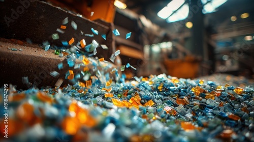 Plastic recycling process with shredded plastic flakes ready on blurred background