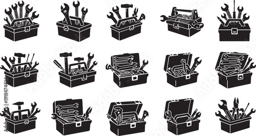 Collection of toolboxes with various tools and equipment inside