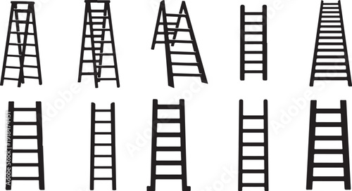 Collection of various black ladders on white background illustration