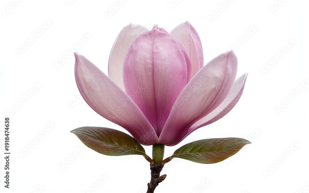 Obraz premium Pink magnolia bloom with green leaves, delicate petals against clean white background.