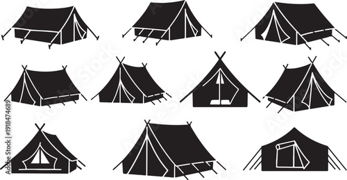 Various Black Tent Silhouettes on White Background Illustration Set