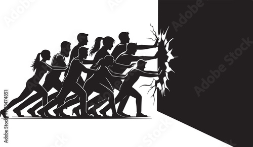 Diverse group of people pulling together breaking through barrier