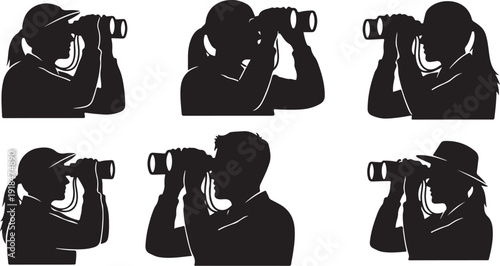 Silhouettes of people looking through binoculars in various poses