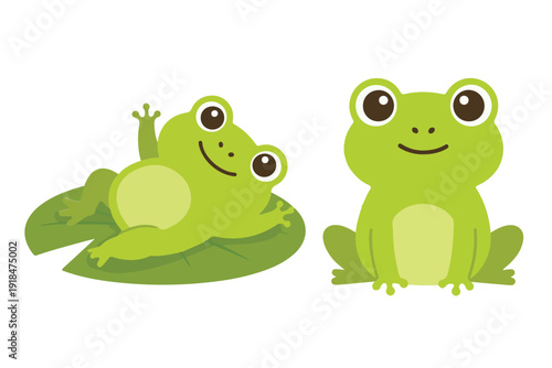 Cute green frog character collection in flat vector style sitting on lotus leaf for kids illustration