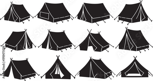 Various Black Tents on White Background for Camping Illustration