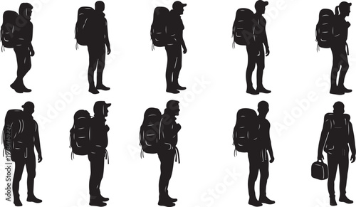 Silhouette of a traveler with backpack in various poses