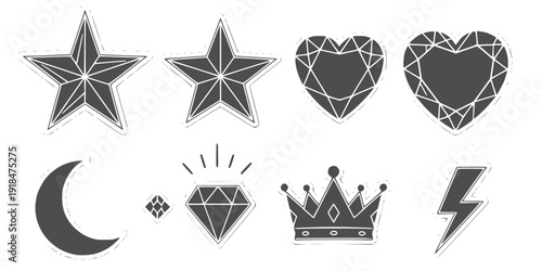 star and heart jewels sticker set isolated on white background
