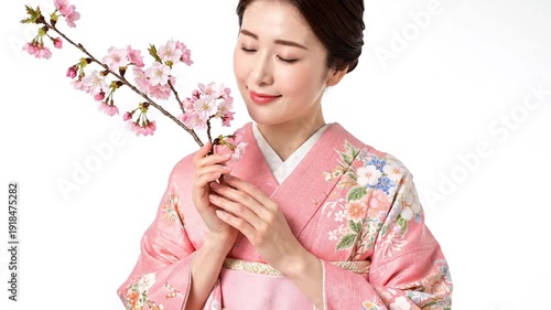 Japanese Woman in Kimono Holding Sakura Flowers on White Background