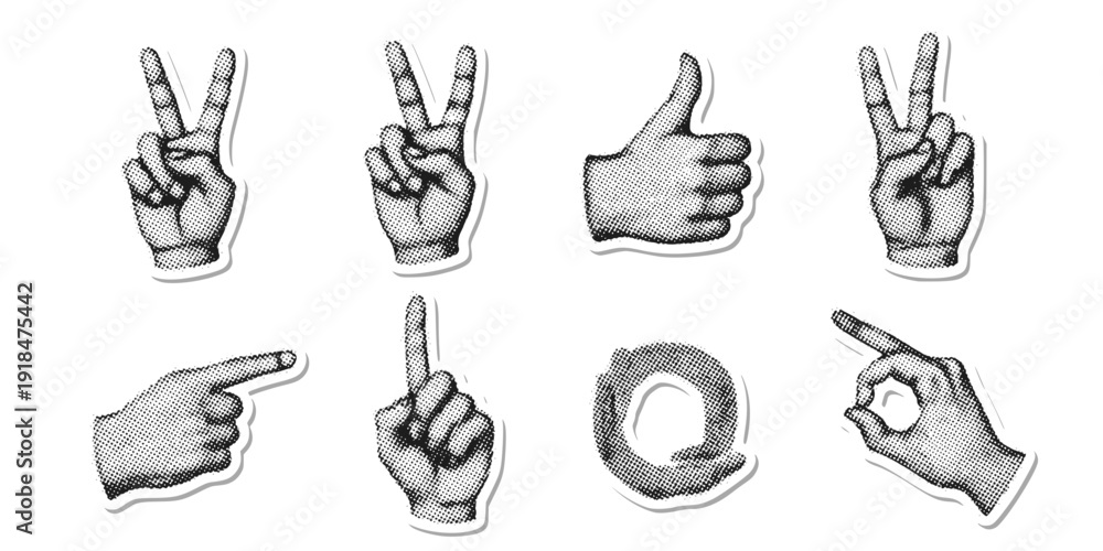 Fototapeta premium Cut out hand emoji gestures set. Various halftone hands signs vintage dotted stickers. Modern retro vector illustration for mixed media design, collage and scrapbook isolated on transparent background