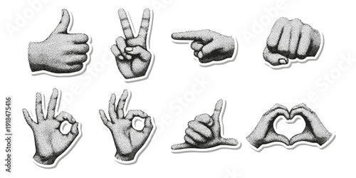 Cut out hand emoji gestures set. Various halftone hands signs vintage dotted stickers. Modern retro vector illustration for mixed media design, collage and scrapbook isolated on transparent background