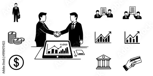 Investment banker men shaking hands over financial deal vector icon
