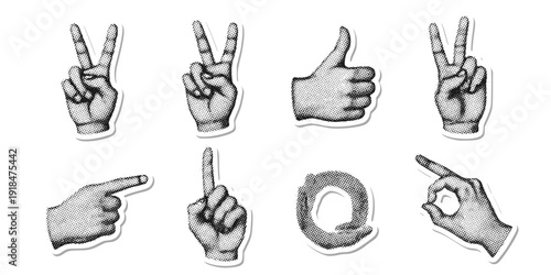 Cut out hand emoji gestures set. Various halftone hands signs vintage dotted stickers. Modern retro vector illustration for mixed media design, collage and scrapbook isolated on transparent background