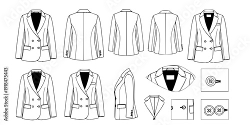 flat sketch set of women's blazer jacket technical cad drawing vector template

