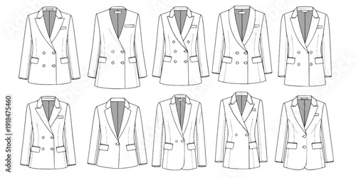 flat sketch set of women's blazer jacket technical cad drawing vector template
