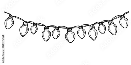 Seamless border Christmas holiday lights. Repeating pattern line art coloring light bulbs garland for Christmas holiday cards, banners, footer, header, menu. Vector illustration black on white