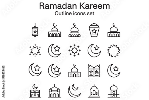 Ramadan Kareem Islamic Icon Set, Mosque, Crescent Moon, Kaaba Vector