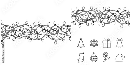 Seamless border Christmas holiday lights. Repeating pattern line art coloring light bulbs garland for Christmas holiday cards, banners, footer, header, menu. Vector illustration black on white.