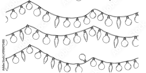 Seamless border Christmas holiday lights. Repeating pattern line art coloring light bulbs garland for Christmas holiday cards, banners, footer, header, menu. Vector illustration black on white.