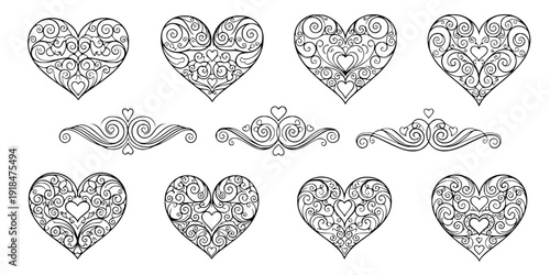 Filigree curly Calligraphic Heart, Fancy Line Flourishes Swirls hearts, curve romantic love separator, Valentines Day divider flourish Swirl, Calligraphy Flourish lettering header hearts scroll