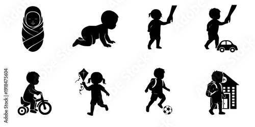 set of silhouettes of baby boy and girl grow up process. baby development, child growth stages. toddler milestones.

