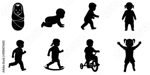 set of silhouettes of baby boy and girl grow up process. baby development, child growth stages. toddler milestones.
