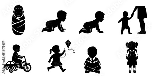 set of silhouettes of baby boy and girl grow up process. baby development, child growth stages. toddler milestones.
