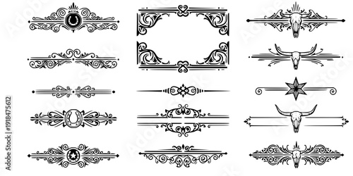 A large collection of old western design elements, embellishment, borders and divider lines.
