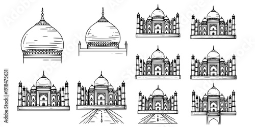 Line Art Depiction of the Taj Mahal's Domes and Symmetry

