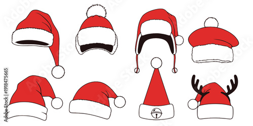 Santa Claus hat collection, Santa red hats with white fur, Winter cap, Christmas element, Vector illustration
