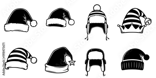 Santa Claus hat collection, Santa red hats with white fur, Winter cap, Christmas element, Vector illustration
