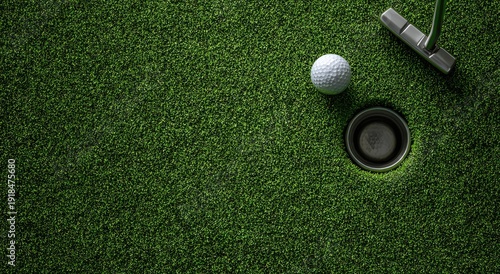 Overhead shot of a golf course featuring a ball near the hole, club, and lush green grass background. Perfect day
