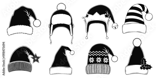 Santa Claus hat collection, Santa red hats with white fur, Winter cap, Christmas element, Vector illustration
