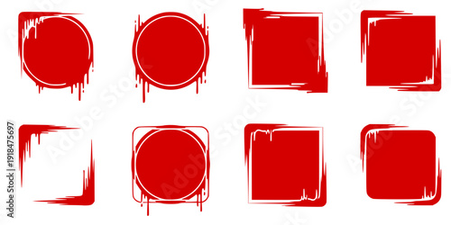 Liquid or paint drips. Set of vector ink round, square, corner frame silhouettes.
